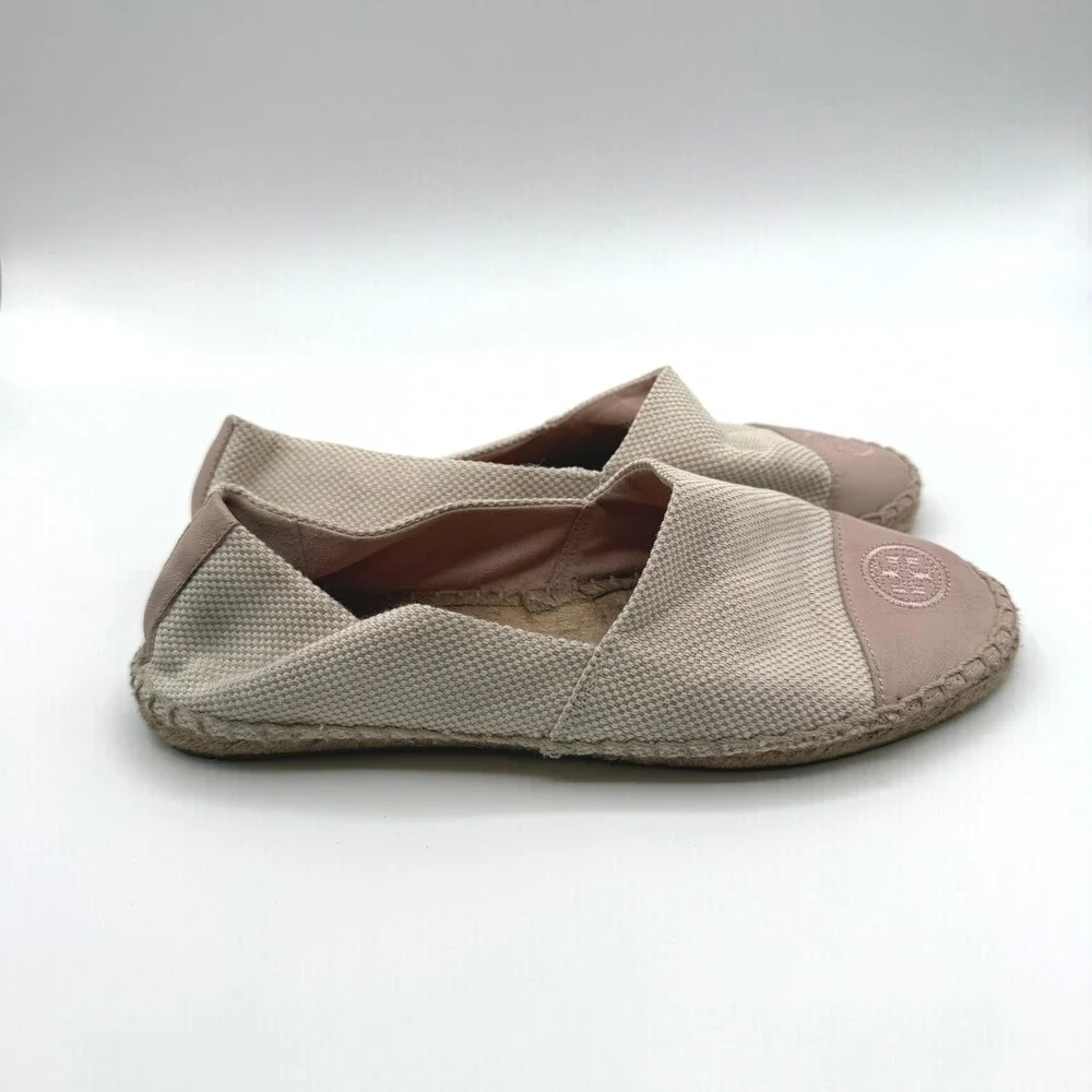 Tory Burch Espadrilles Women 8 Beige Pink Leather Logo Toe Cap Flat Slip On Shoe